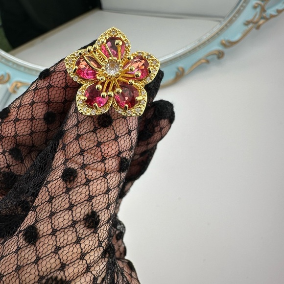 Anthropologie Blossom Gold Pink Floral Crystal Stainless Steel Adjustable Ring - Picture 10 of 17